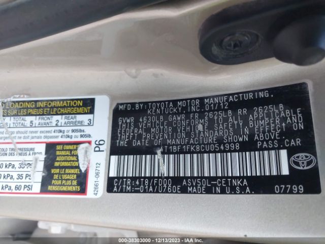 Photo 8 VIN: 4T1BF1FK8CU054998 - TOYOTA CAMRY 