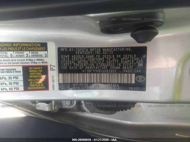 Photo 8 VIN: 4T1BF1FK8CU062857 - TOYOTA CAMRY 