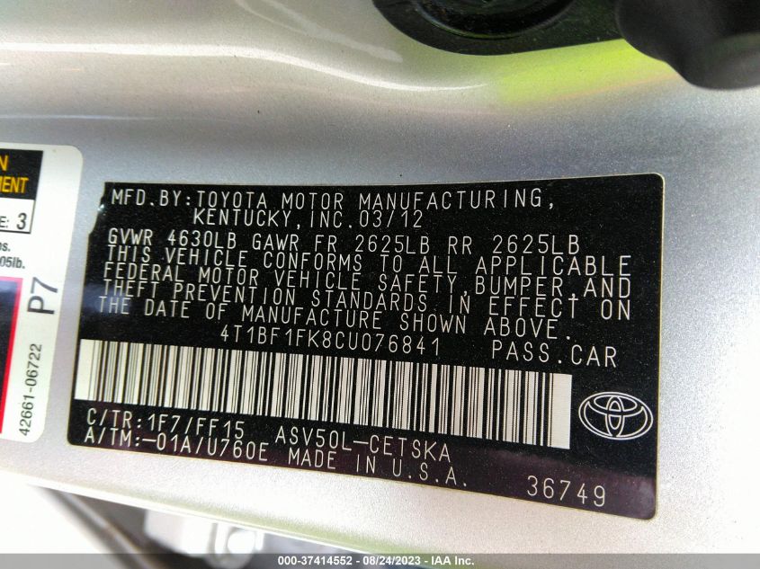 Photo 8 VIN: 4T1BF1FK8CU076841 - TOYOTA CAMRY 