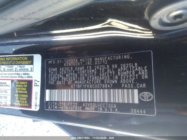 Photo 8 VIN: 4T1BF1FK8CU078847 - TOYOTA CAMRY 