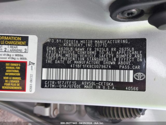 Photo 8 VIN: 4T1BF1FK8CU079674 - TOYOTA CAMRY 