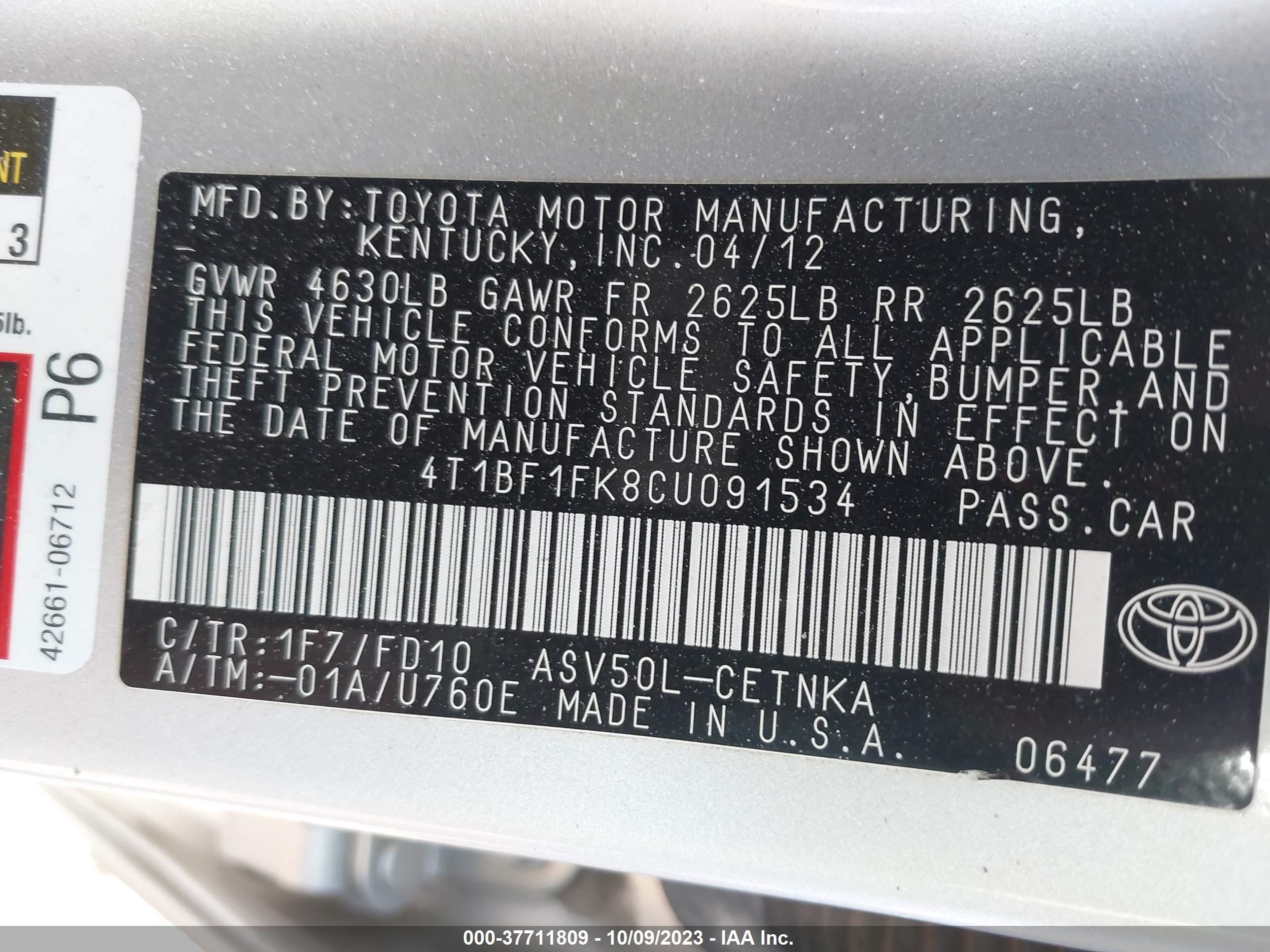 Photo 8 VIN: 4T1BF1FK8CU091534 - TOYOTA CAMRY 