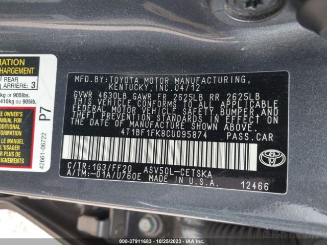 Photo 8 VIN: 4T1BF1FK8CU095874 - TOYOTA CAMRY 