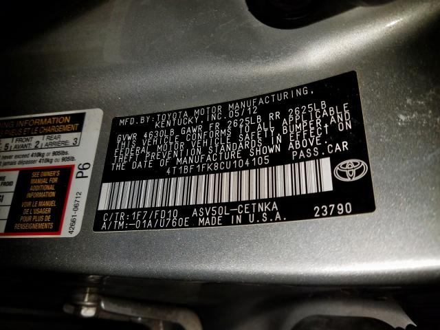 Photo 9 VIN: 4T1BF1FK8CU104105 - TOYOTA CAMRY BASE 