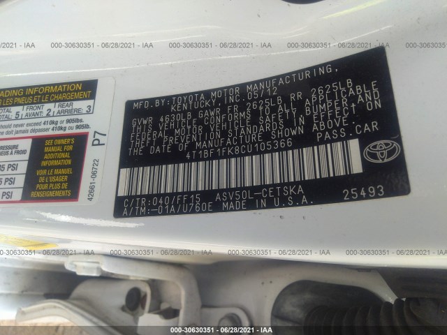 Photo 8 VIN: 4T1BF1FK8CU105366 - TOYOTA CAMRY 