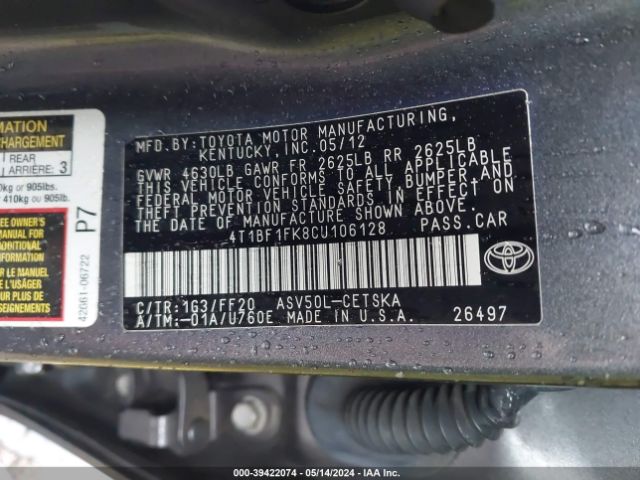 Photo 8 VIN: 4T1BF1FK8CU106128 - TOYOTA CAMRY 