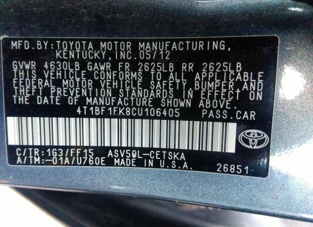 Photo 8 VIN: 4T1BF1FK8CU106405 - TOYOTA CAMRY 