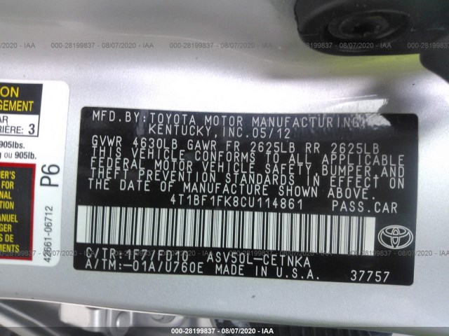 Photo 8 VIN: 4T1BF1FK8CU114861 - TOYOTA CAMRY 