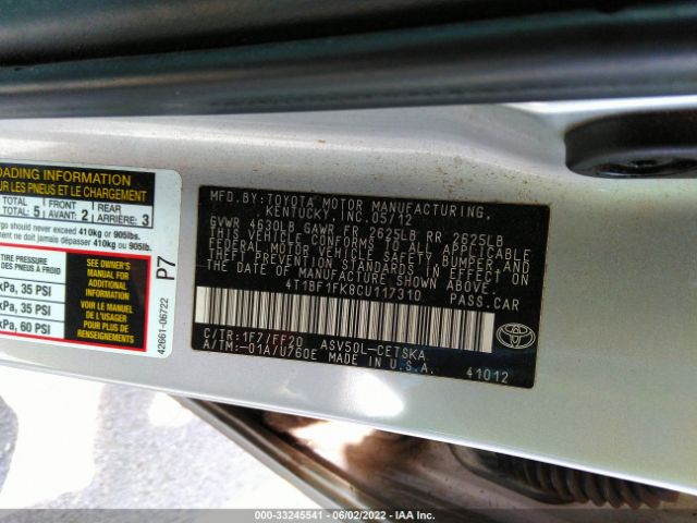 Photo 8 VIN: 4T1BF1FK8CU117310 - TOYOTA CAMRY 