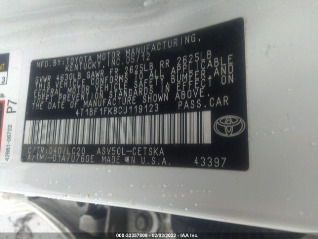 Photo 8 VIN: 4T1BF1FK8CU119123 - TOYOTA CAMRY 