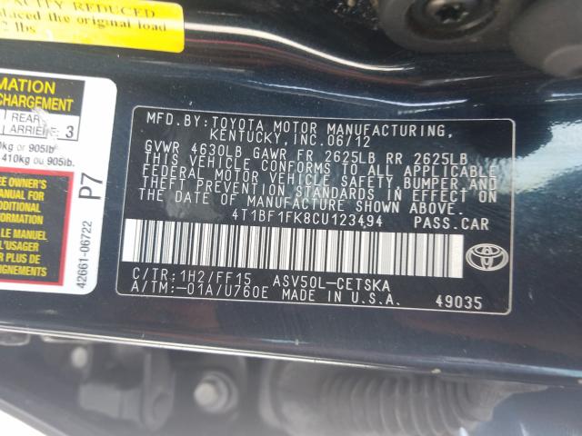 Photo 9 VIN: 4T1BF1FK8CU123494 - TOYOTA CAMRY BASE 