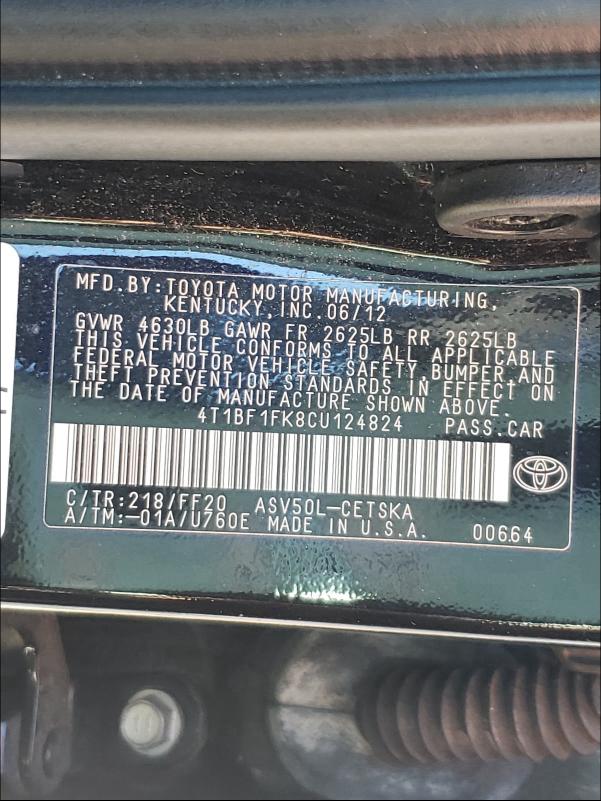 Photo 9 VIN: 4T1BF1FK8CU124824 - TOYOTA CAMRY BASE 