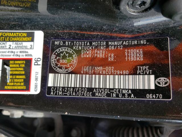 Photo 9 VIN: 4T1BF1FK8CU129490 - TOYOTA CAMRY BASE 