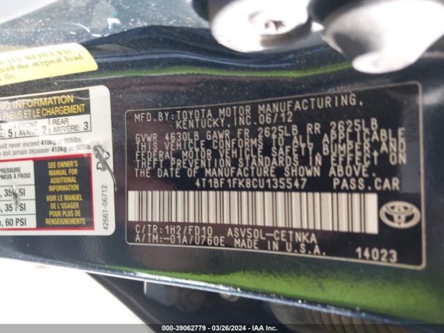 Photo 8 VIN: 4T1BF1FK8CU135547 - TOYOTA CAMRY 