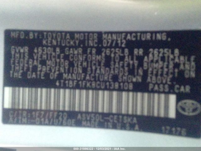 Photo 8 VIN: 4T1BF1FK8CU138108 - TOYOTA CAMRY 