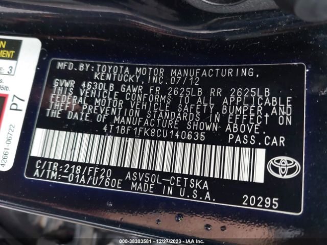 Photo 8 VIN: 4T1BF1FK8CU140635 - TOYOTA CAMRY 