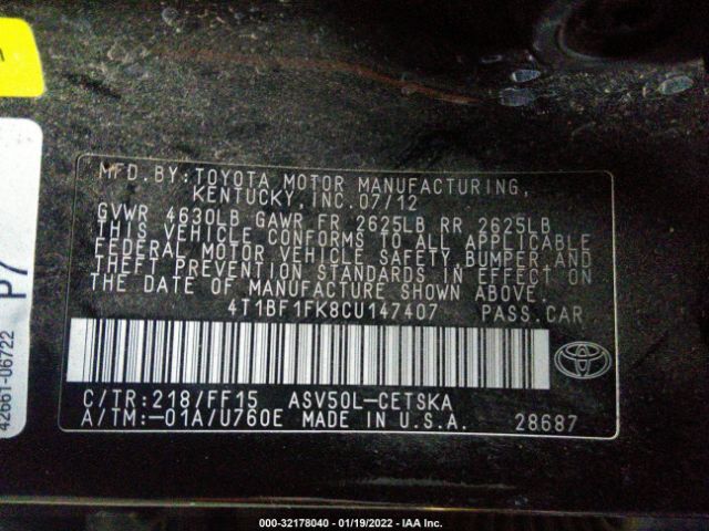 Photo 8 VIN: 4T1BF1FK8CU147407 - TOYOTA CAMRY 