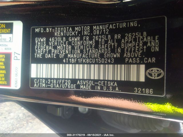 Photo 8 VIN: 4T1BF1FK8CU150243 - TOYOTA CAMRY 