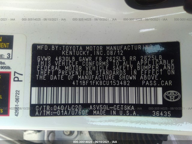 Photo 8 VIN: 4T1BF1FK8CU153482 - TOYOTA CAMRY 