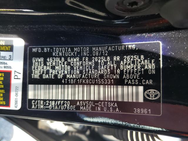 Photo 9 VIN: 4T1BF1FK8CU155331 - TOYOTA CAMRY BASE 