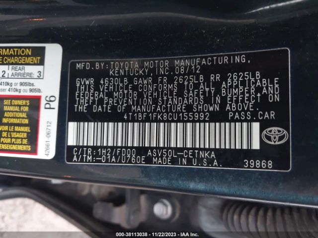 Photo 8 VIN: 4T1BF1FK8CU155992 - TOYOTA CAMRY 