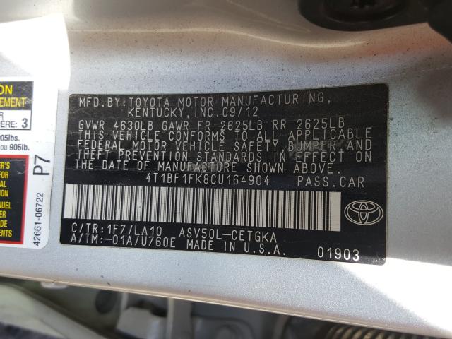 Photo 9 VIN: 4T1BF1FK8CU164904 - TOYOTA CAMRY BASE 