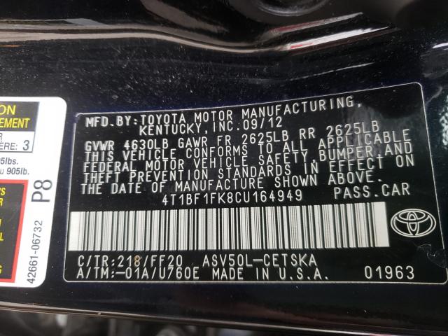 Photo 9 VIN: 4T1BF1FK8CU164949 - TOYOTA CAMRY BASE 