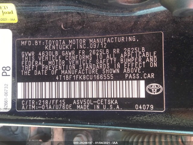 Photo 8 VIN: 4T1BF1FK8CU166555 - TOYOTA CAMRY 