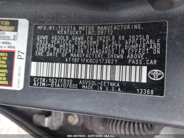 Photo 8 VIN: 4T1BF1FK8CU173621 - TOYOTA CAMRY 