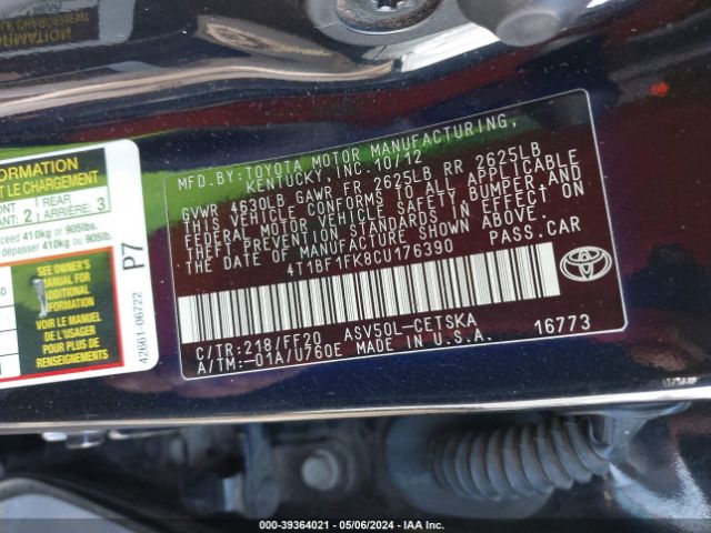 Photo 8 VIN: 4T1BF1FK8CU176390 - TOYOTA CAMRY 