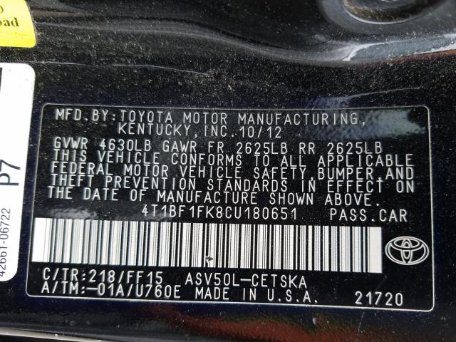 Photo 9 VIN: 4T1BF1FK8CU180651 - TOYOTA CAMRY BASE 