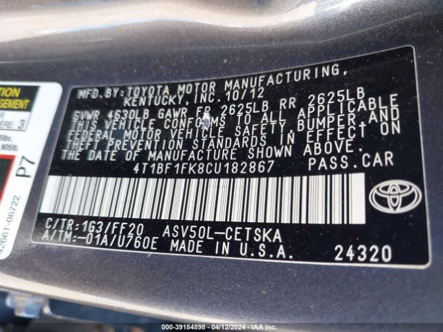 Photo 8 VIN: 4T1BF1FK8CU182867 - TOYOTA CAMRY 