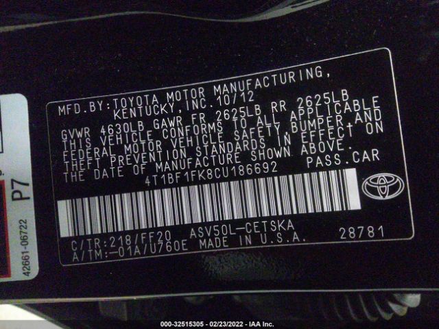 Photo 8 VIN: 4T1BF1FK8CU186692 - TOYOTA CAMRY 