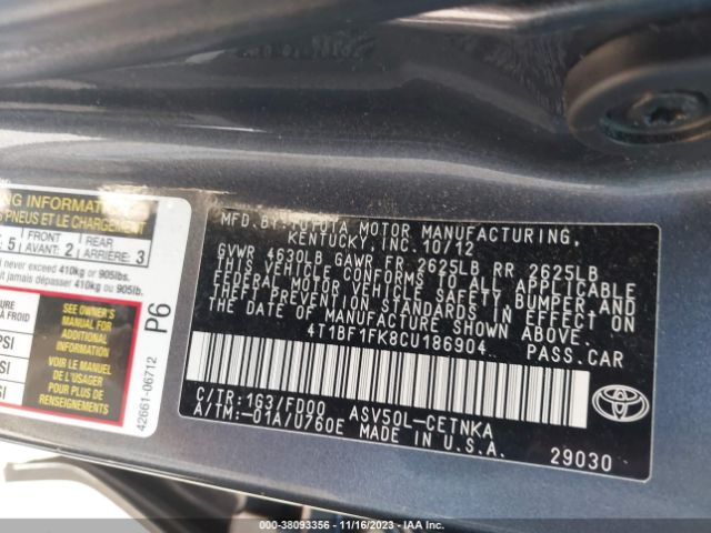 Photo 8 VIN: 4T1BF1FK8CU186904 - TOYOTA CAMRY 