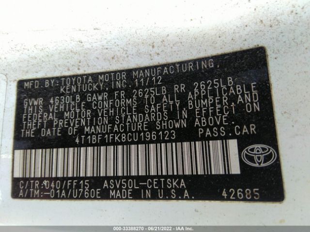 Photo 8 VIN: 4T1BF1FK8CU196123 - TOYOTA CAMRY 