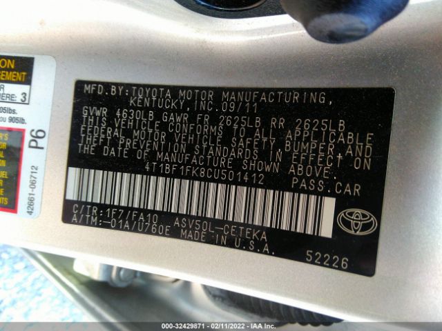 Photo 8 VIN: 4T1BF1FK8CU501412 - TOYOTA CAMRY 