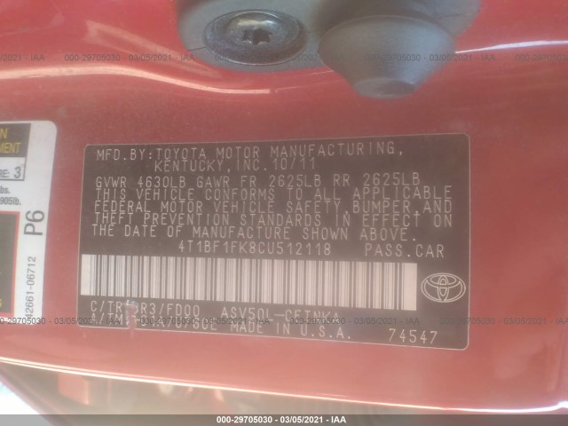 Photo 8 VIN: 4T1BF1FK8CU512118 - TOYOTA CAMRY 