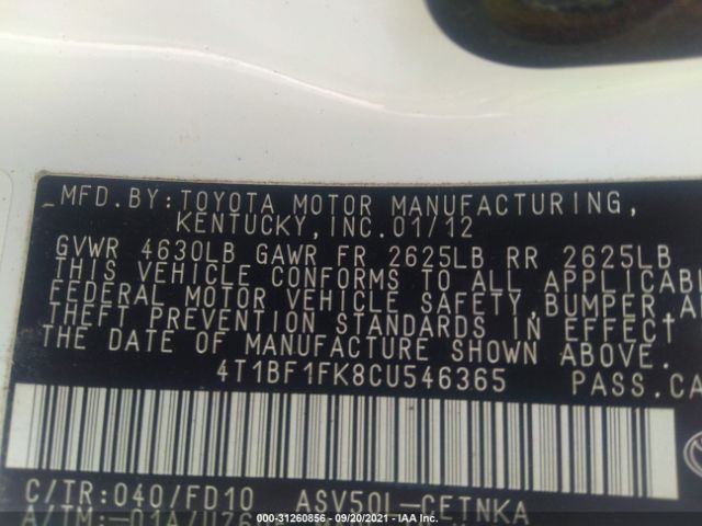 Photo 8 VIN: 4T1BF1FK8CU546365 - TOYOTA CAMRY 