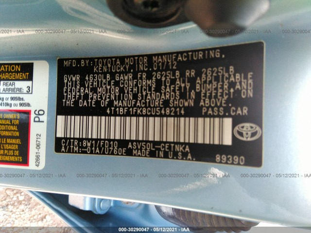 Photo 8 VIN: 4T1BF1FK8CU548214 - TOYOTA CAMRY 