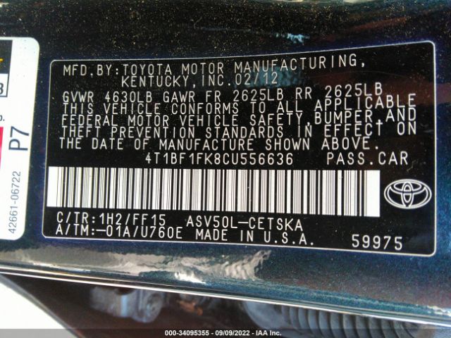 Photo 8 VIN: 4T1BF1FK8CU556636 - TOYOTA CAMRY 