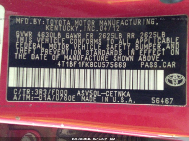 Photo 8 VIN: 4T1BF1FK8CU575669 - TOYOTA CAMRY 