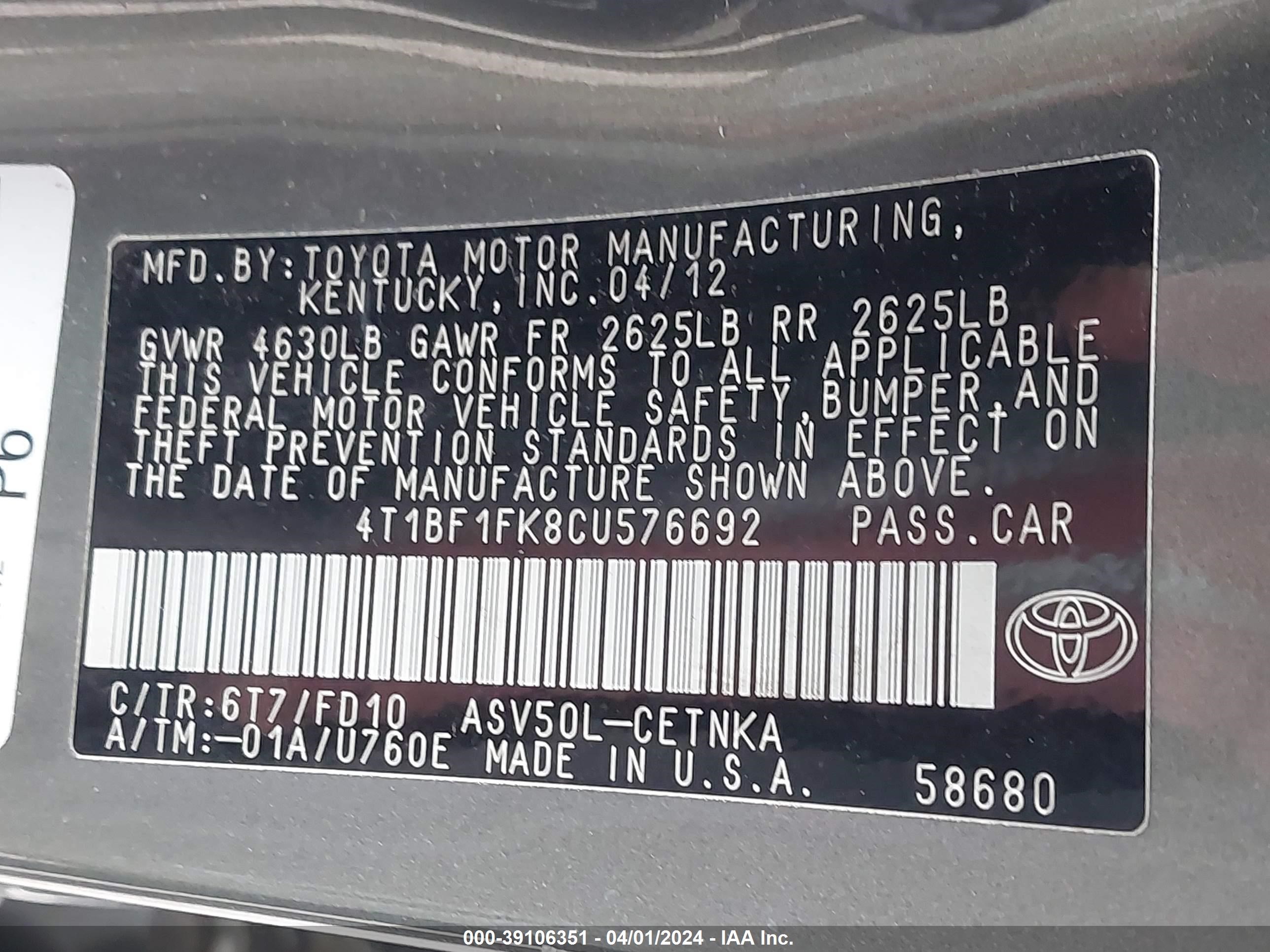 Photo 8 VIN: 4T1BF1FK8CU576692 - TOYOTA CAMRY 