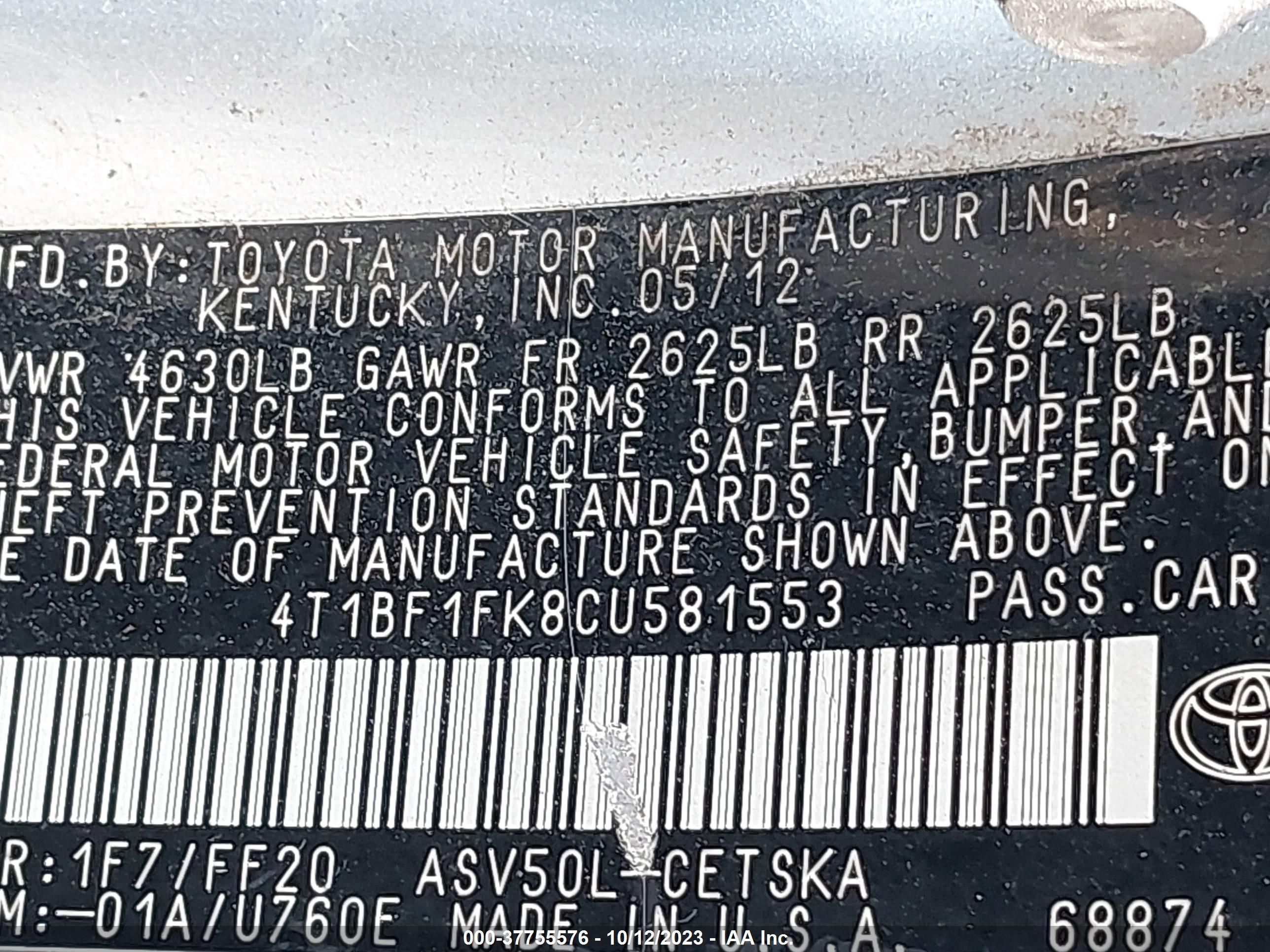 Photo 8 VIN: 4T1BF1FK8CU581553 - TOYOTA CAMRY 