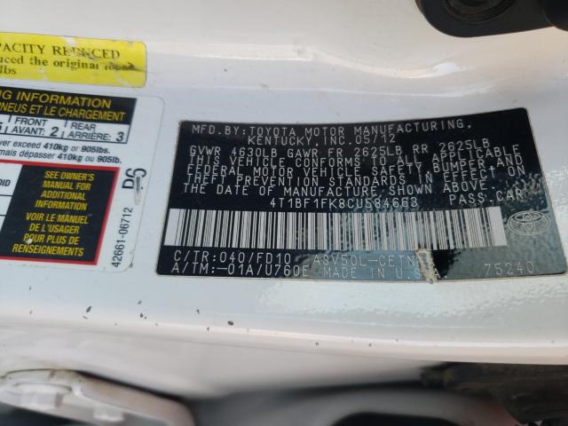 Photo 9 VIN: 4T1BF1FK8CU584663 - TOYOTA CAMRY BASE 