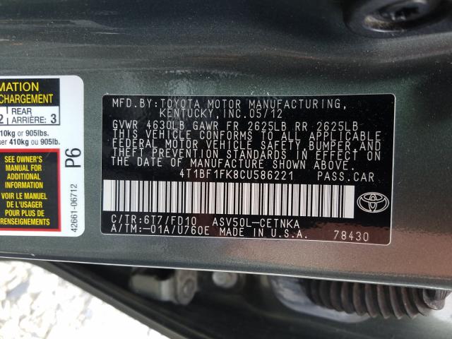 Photo 9 VIN: 4T1BF1FK8CU586221 - TOYOTA CAMRY BASE 