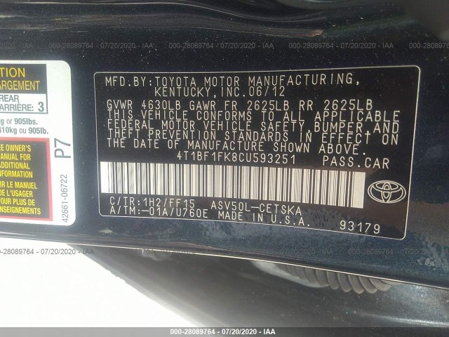 Photo 8 VIN: 4T1BF1FK8CU593251 - TOYOTA CAMRY 