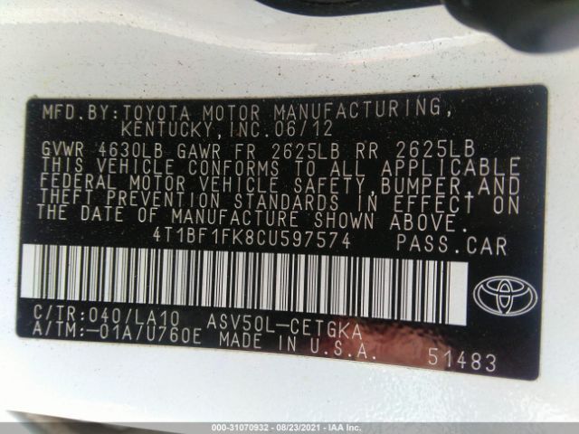 Photo 8 VIN: 4T1BF1FK8CU597574 - TOYOTA CAMRY 