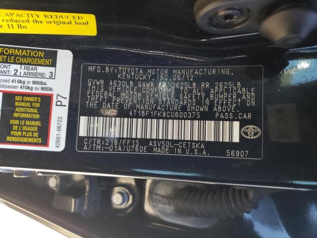 Photo 11 VIN: 4T1BF1FK8CU600375 - TOYOTA CAMRY BASE 