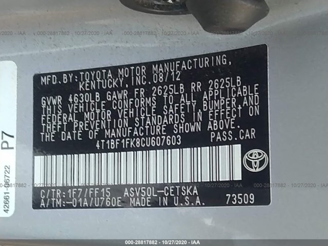 Photo 8 VIN: 4T1BF1FK8CU607603 - TOYOTA CAMRY 