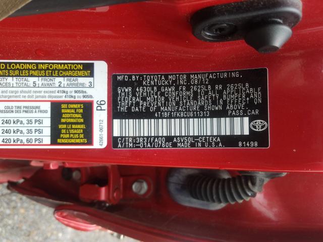 Photo 9 VIN: 4T1BF1FK8CU611313 - TOYOTA CAMRY 